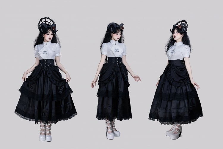 Boned High-Waist Gothic Skirt with Detachable Overlay