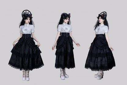 Boned High-Waist Gothic Skirt with Detachable Overlay