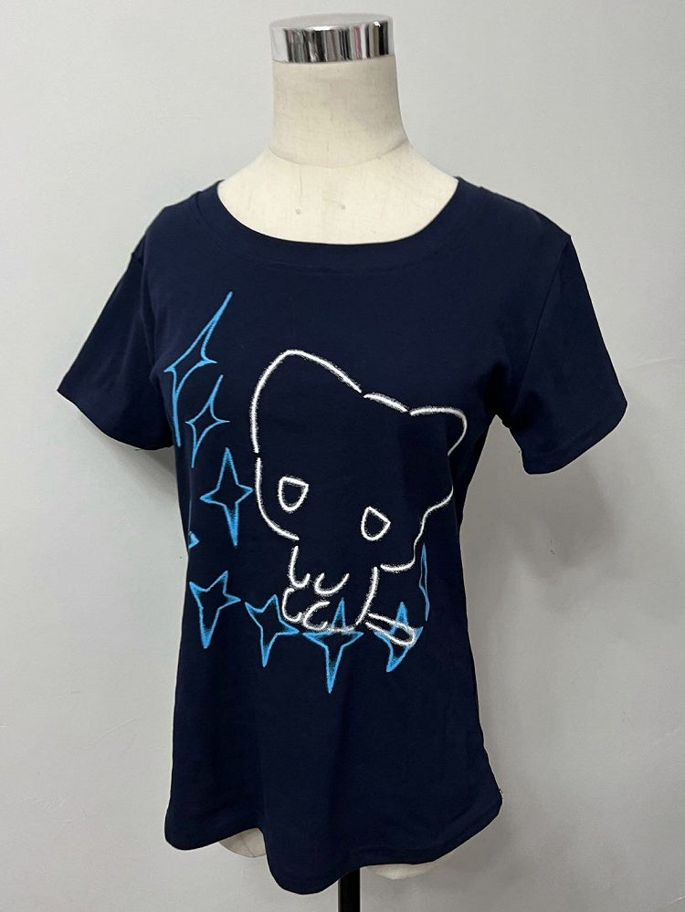 ラウンドスターブルーネックキャットTシャツダークケイジライプリントと