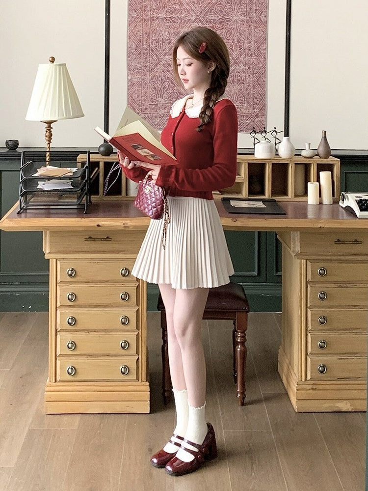 Red Knit Peter Pan Collar Cardigan with Lace - Qchiwawameme