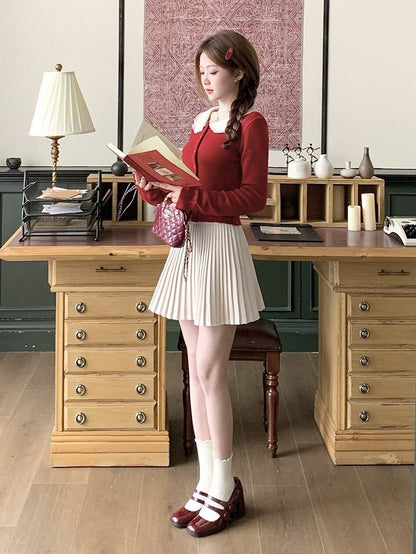 Red Knit Peter Pan Collar Cardigan with Lace - Qchiwawameme