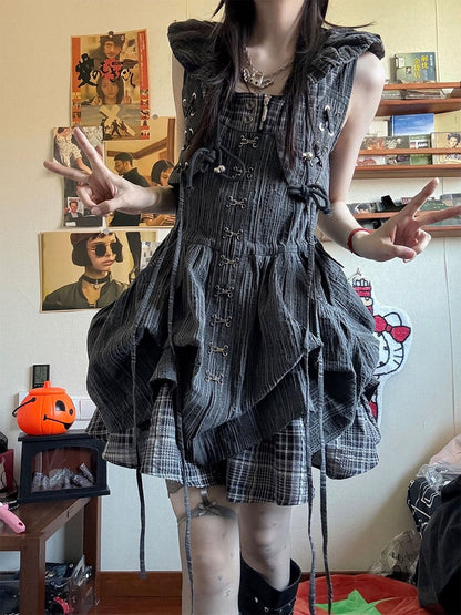 Dark Gray Plaid Fake Two-Piece Sleeveless Bubble Dress - Blazed Field