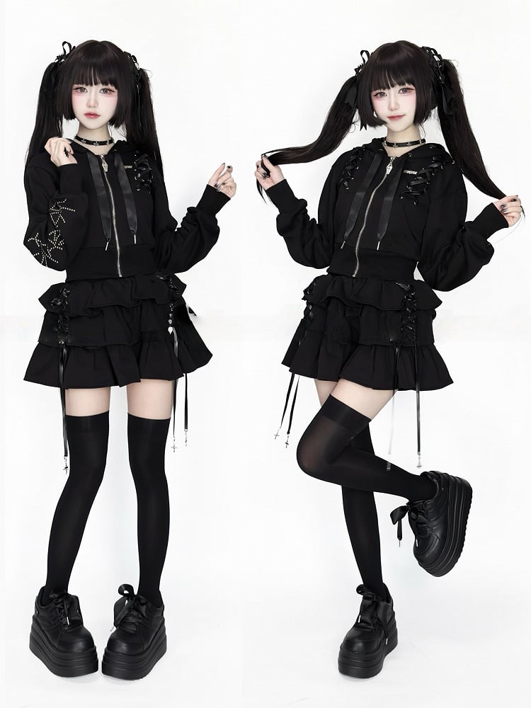 Lace-Up Dark Hoodie Stud-Decorated Black Kei Jirai