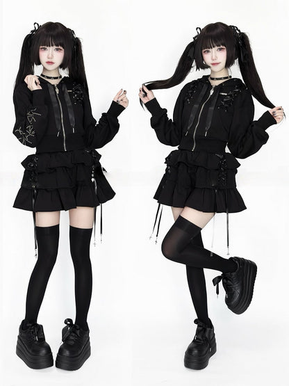 Lace-Up Dark Hoodie Stud-Decorated Black Kei Jirai