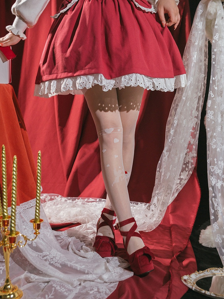 Schwarz/Weiße Overknee-Strümpfe mit Schleife und Amor-Herz-Muster