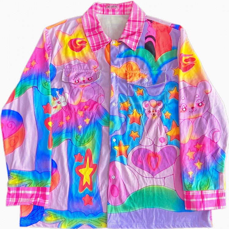Cartoon Corduroy Print Y2K Shirt Colorful