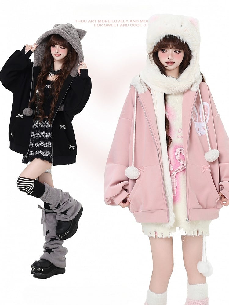 Schwarz/Rosa Kapuzenjacke mit Hasen-Katzenohren-Design