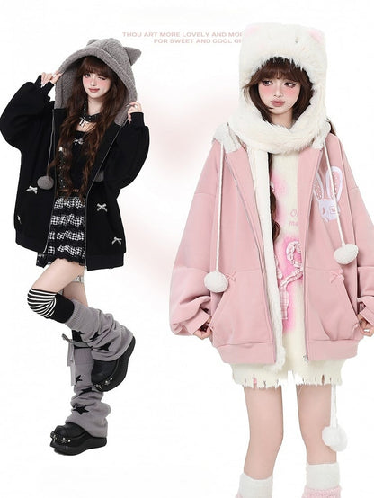 Schwarz/Rosa Kapuzenjacke mit Hasen-Katzenohren-Design