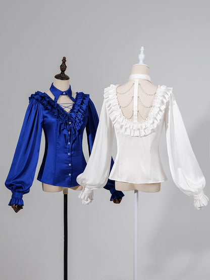 Deep Sea Blue Layered Ruffles V-neck Long Sleeves Shirt with Detachable Bead Chain Cutout Back - DevilInspired Exclusive Collection
