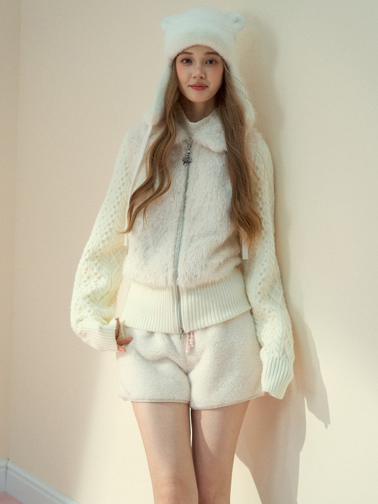 with Drawstring Waist Faux Cream White Fur Shorts