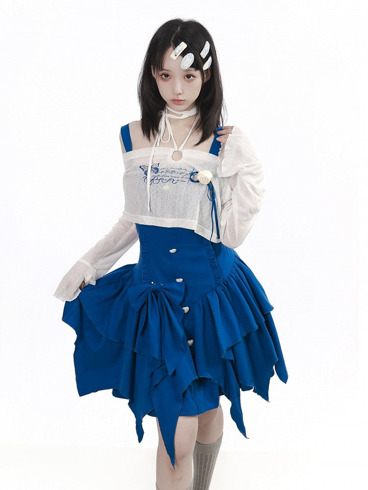 Blue Asymmetric Cami Dress with Ruffle & Bow - PINK SAVIOR