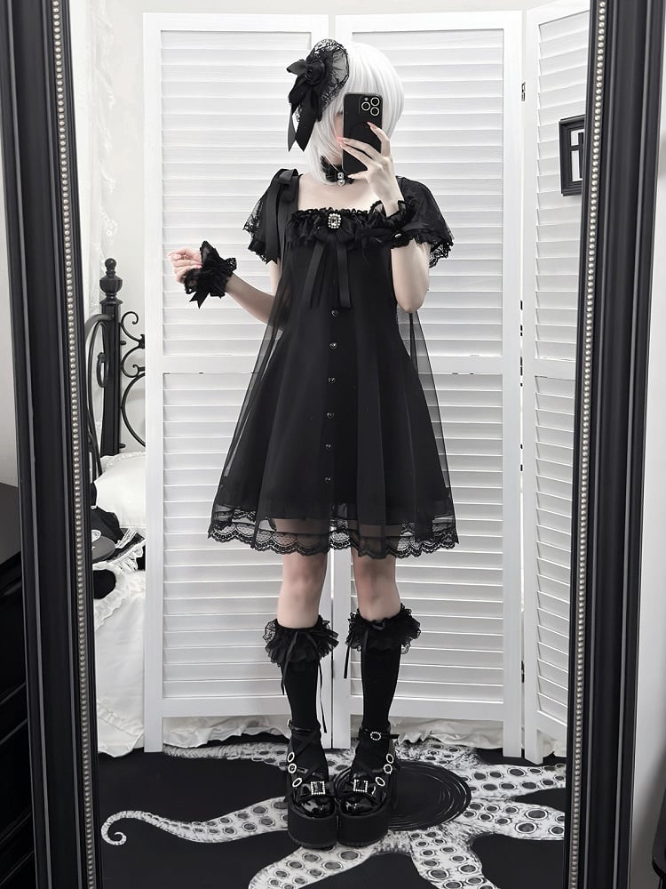 Gothic Square Neck Dress with Bow Accents - Ekomi