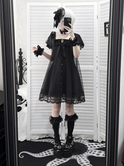 Gothic Square Neck Dress with Bow Accents - Ekomi