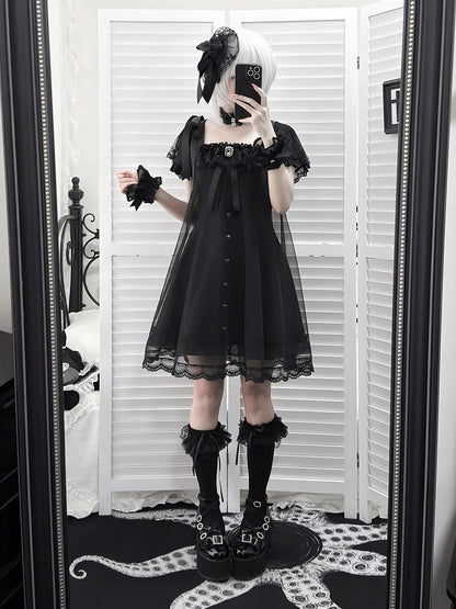 Square-Neck Gothic Dress with Sheer Overlay & Bow Detail - Ekomi