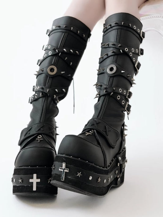 Sole Studded Knee-High with Platform Details Decor - Black Boots Punk Cross