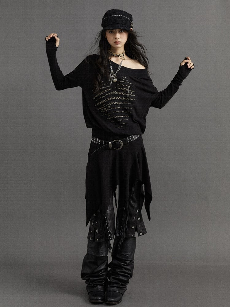 Wasteland Punk – Schwarzes, asymmetrisches Kleid mit Leopardenmuster und Herzmotiv und langen Ärmeln