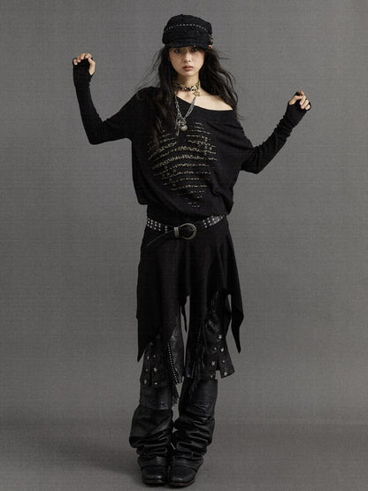 Wasteland Punk – Schwarzes, asymmetrisches Kleid mit Leopardenmuster und Herzmotiv und langen Ärmeln