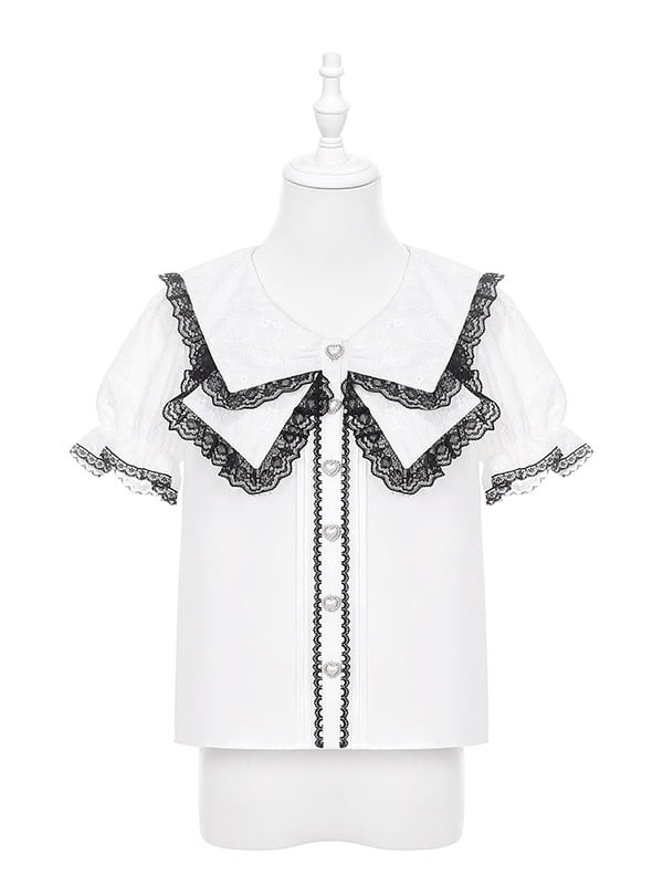 Black White Jirai Kei Sailor Collar Blouse with Lace Detail - Puppet Bombs