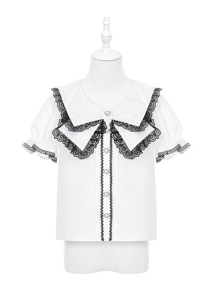 Black White Jirai Kei Sailor Collar Blouse with Lace Detail - Puppet Bombs