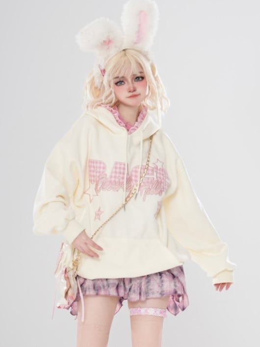 Saum Stickerei Taschentuch Gelb Schwarz + Plaid Mini Brief Hoodie Heller Rock Rosa Mit Stern