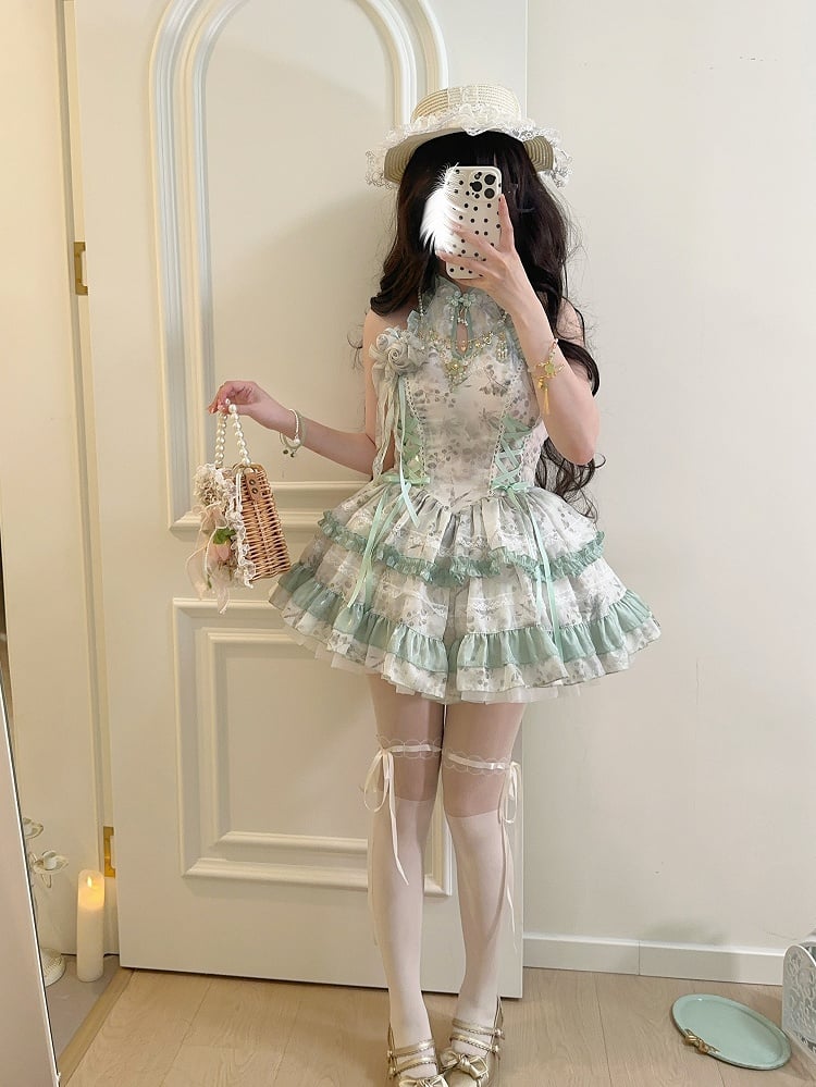 Lolita with Gentle Floral Green Halter Neck Dress Details Pattern Button Qipao-Style Lace
