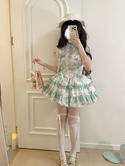 Lolita with Gentle Floral Green Halter Neck Dress Details Pattern Button Qipao-Style Lace