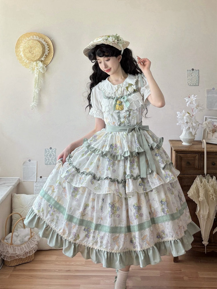 Gestuftes Rüschenkleid mit leichtem Rockbesatz und Blaubeercreme-Grün-Eisdruck Lolita
