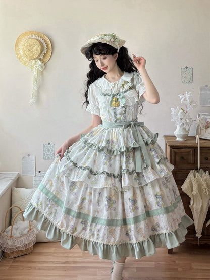Gestuftes Rüschenkleid mit leichtem Rockbesatz und Blaubeercreme-Grün-Eisdruck Lolita