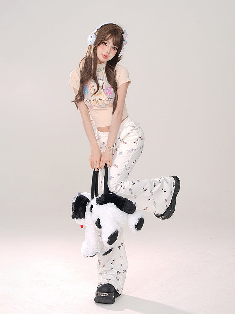 Elastic Comfortable Pattern Cat Flared White Pants: with Leg Kawaii Waist Thicken/Regular