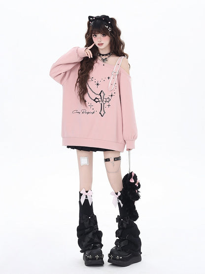 ブラック/ピンクのアシンメトリーネックライン、ハートバックル、クロス刺繍スウェットシャツ