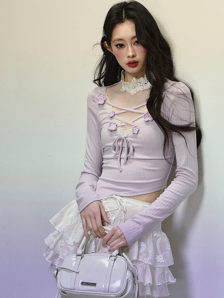 Lila Illusionsausschnitt Überkreuzte Träger Oberteil mit Blumenverzierung Asymmetrischer Saum