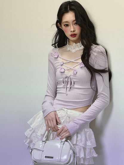 Lila Illusionsausschnitt Überkreuzte Träger Oberteil mit Blumenverzierung Asymmetrischer Saum