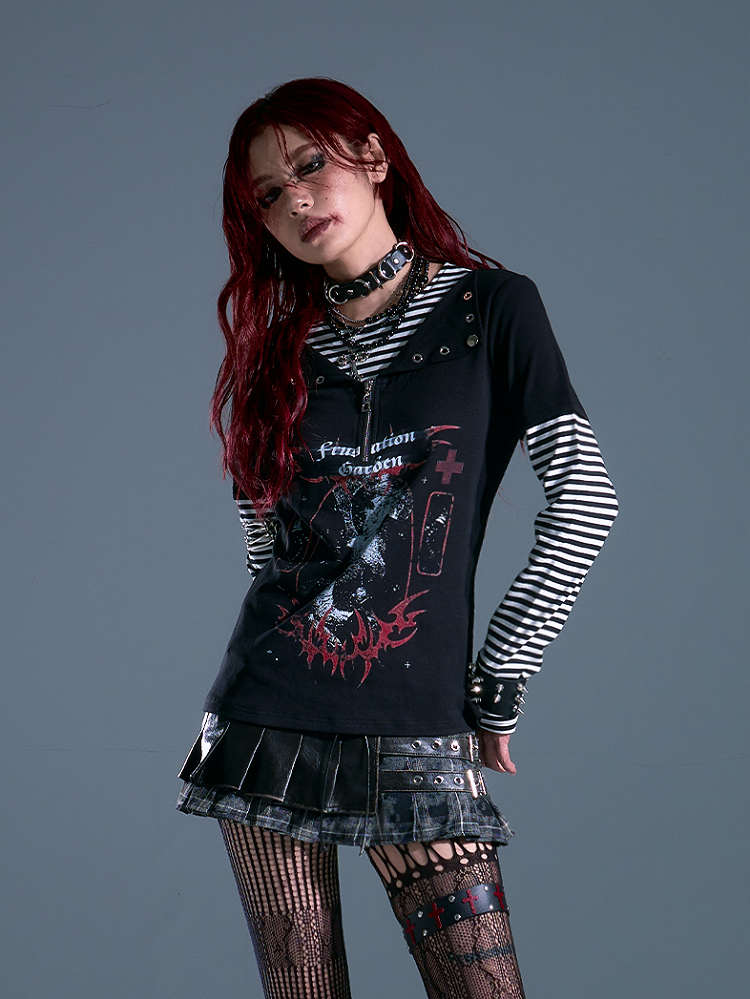 Pattern Black - Long Striped Rock Sleeve Punk Two-piece Top