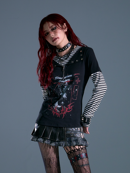 Pattern Black - Long Striped Rock Sleeve Punk Two-piece Top