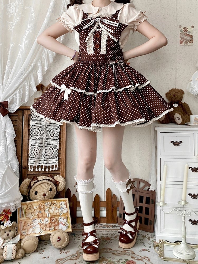 Muster Altes gepunktetes Schokoladen-Overall-Schulkleid Braun Lolita