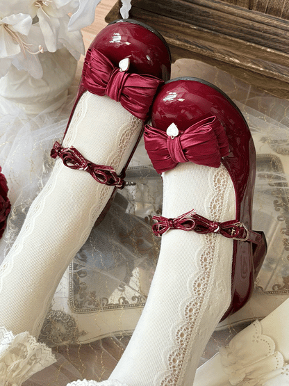 Round Red Buckle Wine Bow Accents PU Toe Mid Heels in Sweet Leather Heart