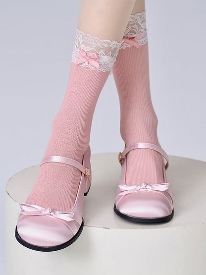 Cuff Pattern Calf with Vertical Bowknot Pink/White Decoration and Socks Lace Striped
