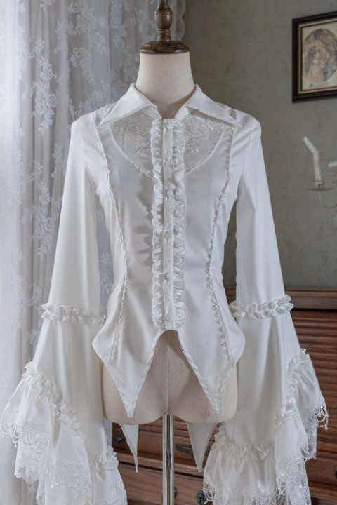 White Ruffle Neckline Long Bell Sleeves Blouse