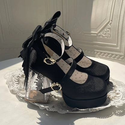 Koi Fish Charm Platform Mary Janes with Bowknot in Black - Floating Dream Realm