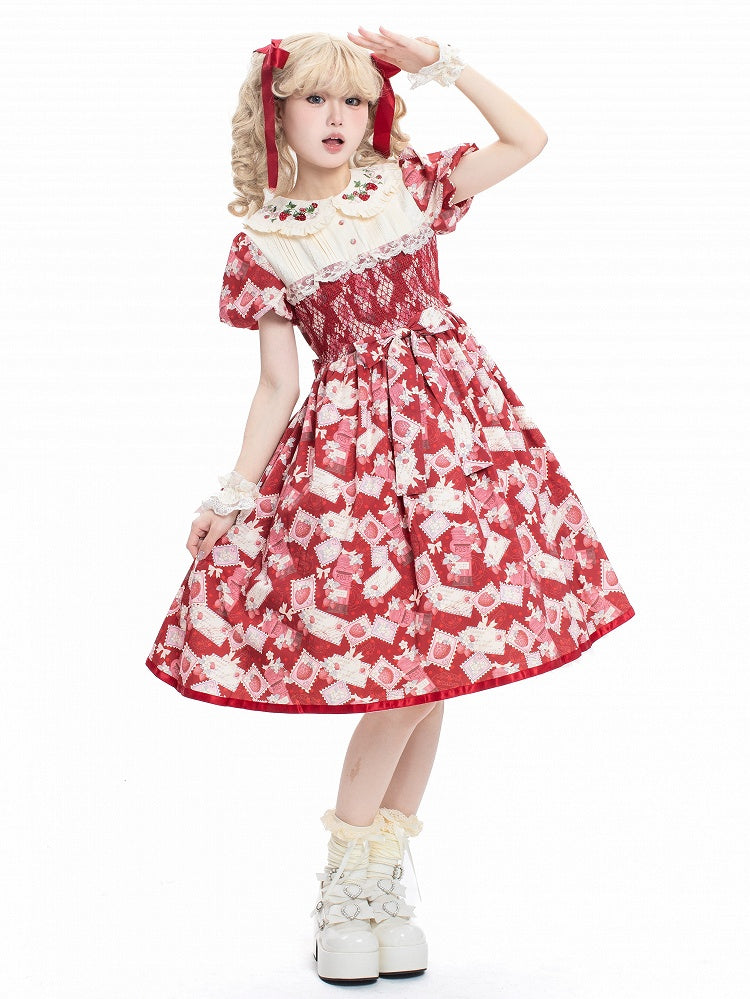 Dress Sleeves Red Lolita Strawberry Embroidered with Beige Sweet Puff Collar Print