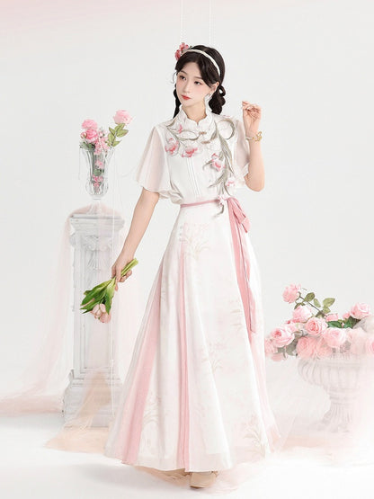 White and Pink Chinese Floral Embroidered Capelet with Chiffon Top and Skirt - Unknown Star