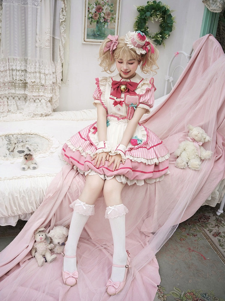 Strawberry Theme Sweet Lolita OP with Apron, Sakura Pink Striped Pattern - Sakurahime