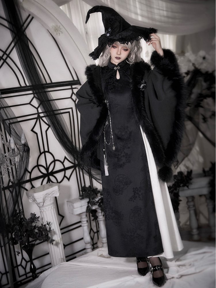 Hooded Winter Cape Coat with Plush Trim in Black - With PUJI