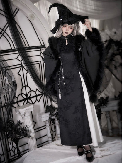 Black Hooded Winter Cape Coat with Plush Trim - With PUJI