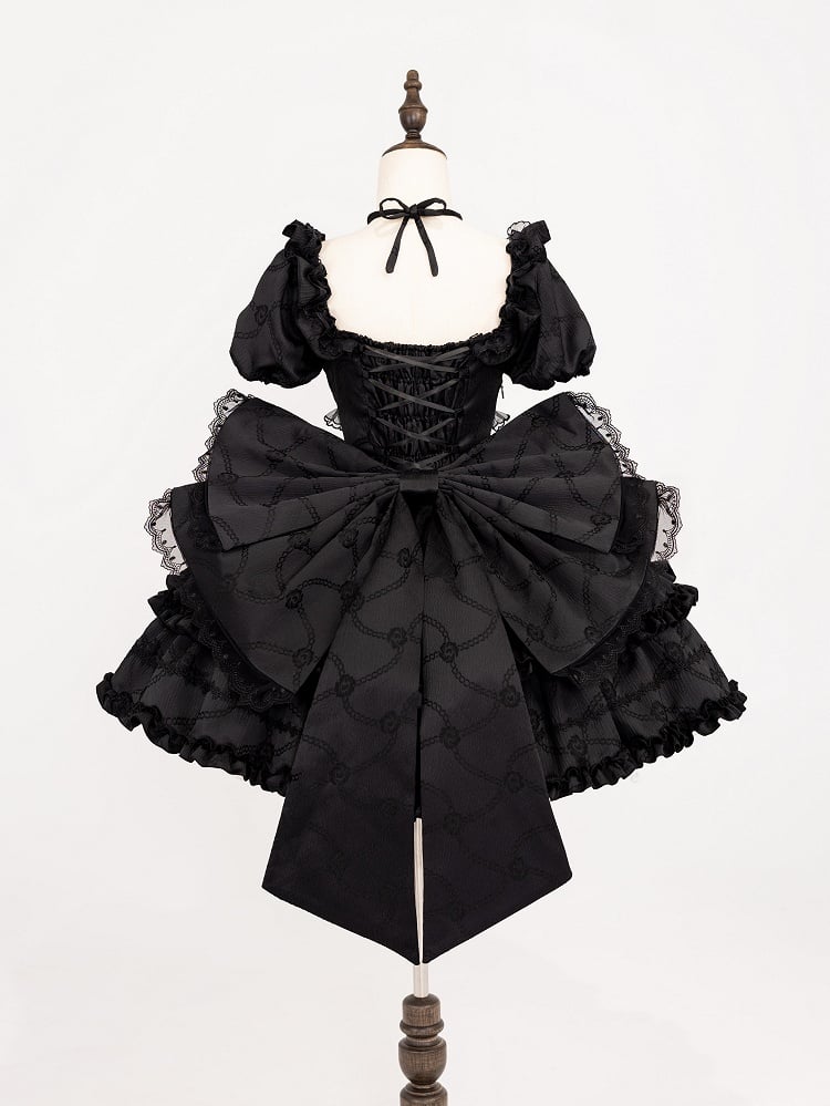 Black Princess Waist at Lolita Back Dress with Bow Corset Big OP Skirt Ruffle