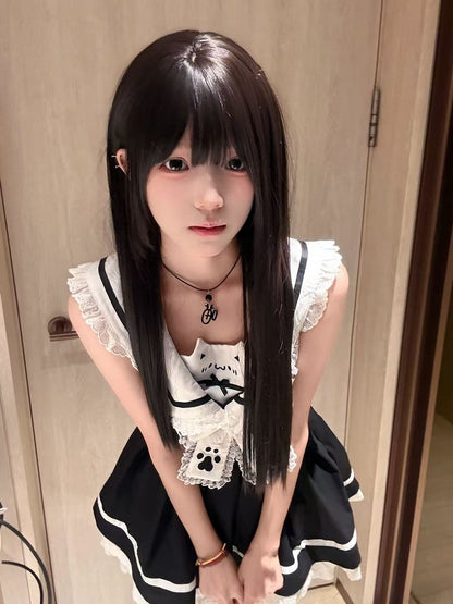 Collar Sailor Black with White Dress Print Backless Kitten Covered-back / Sleeveless