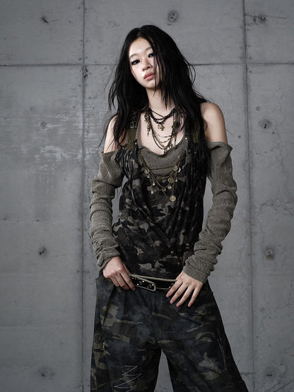 Studded Design Camo Accents Green Vintage Knit Cold-Shoulder Punk with Top