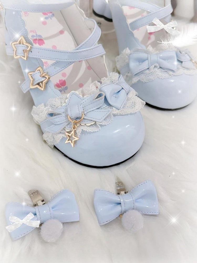Heels Sweet Lace Mid Blue Delicate Leather - PU with Lolita