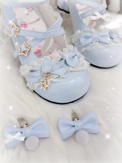 Heels Sweet Lace Mid Blue Delicate Leather - PU with Lolita