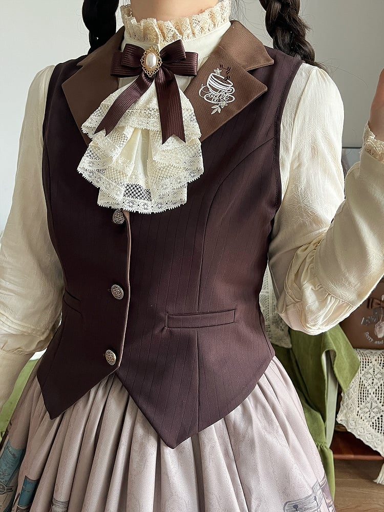 Brown Lapel Collar Coffee Cup Embroidery Striped Elegant Waistcoat - Dream Whale